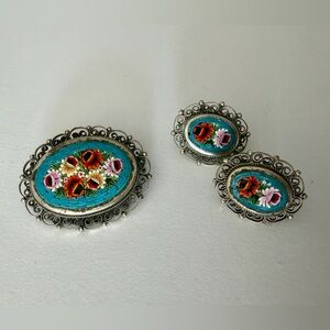 Vintage Italian Micro Mosaic Brooch Earring Set Women